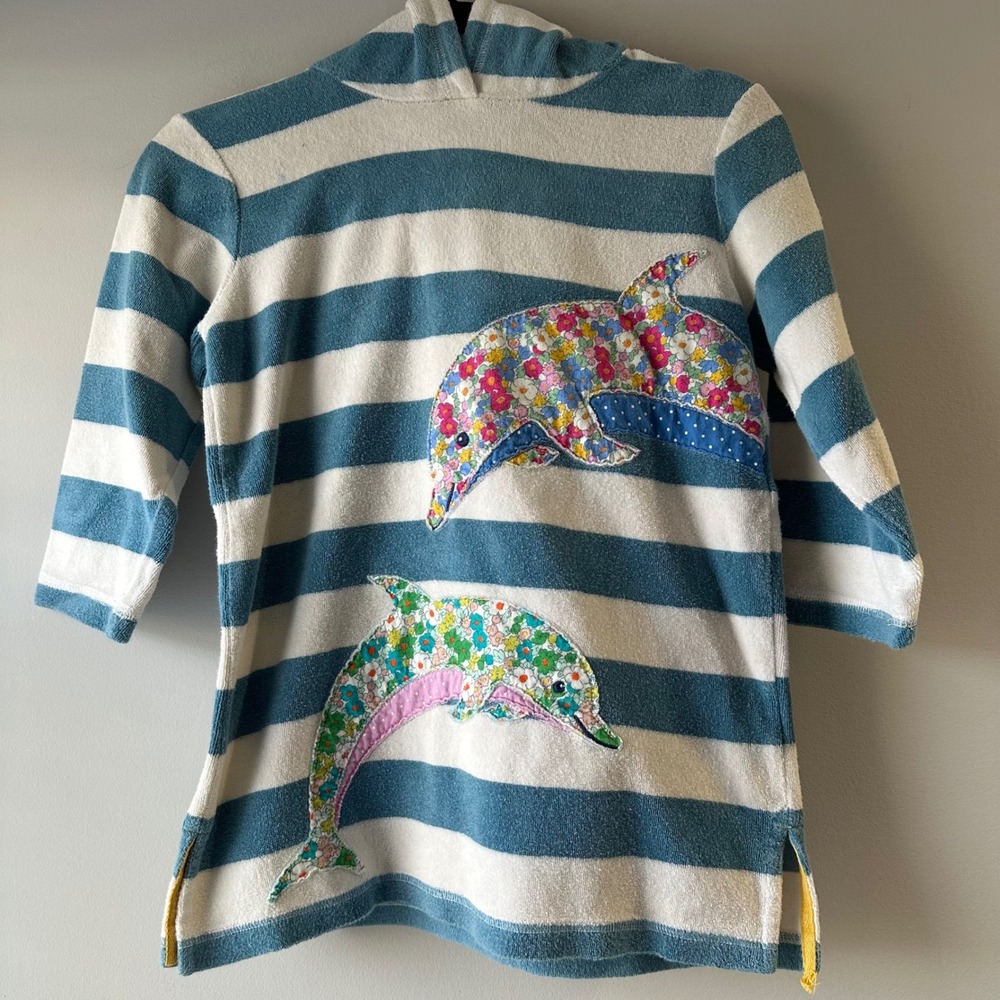 Mini Boden Dolphin Applique Hooded Towel Dress 6-7Y Blue White Striped Good